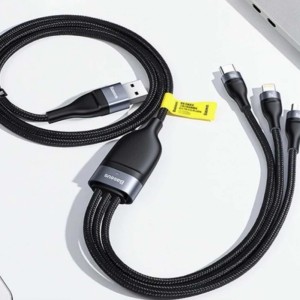 کابل شارژ 100 وات سه سر Flash Series  بیسوس Baseus Flash Series Two-for-three Fast Charging Data Cable U+C to M+L+C 100W