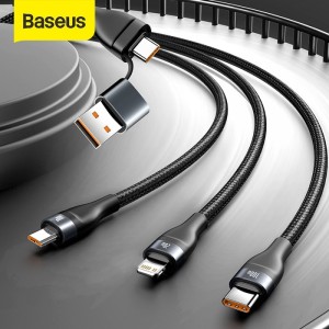 کابل شارژ 100 وات سه سر Flash Series  بیسوس Baseus Flash Series Two-for-three Fast Charging Data Cable U+C to M+L+C 100W