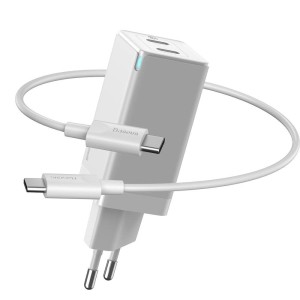 شارژر دیواری دو پورت سریع بیسوس همراه با کابل شارژ یک متری Baseus GaN2 Mini Quick Charger 45W
