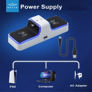 داک شارژر دوگانه دسته بازی بی سیم پلی استیشن 5 بریو با نور آبی به همراه کابل Brave Dual Charger Dock PS5