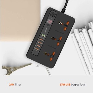 سه راهی برق و شارژر USB و محافظ شوک الکتریکی پرودو مدل PD-5P3SQCceu-bk