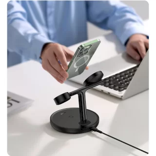 پایه نگهدارنده مگنتی و شارژر وایرلس بیسوس مدل Swan 3-in-1 Wireless Magnetic Charger 15W WXTE000101