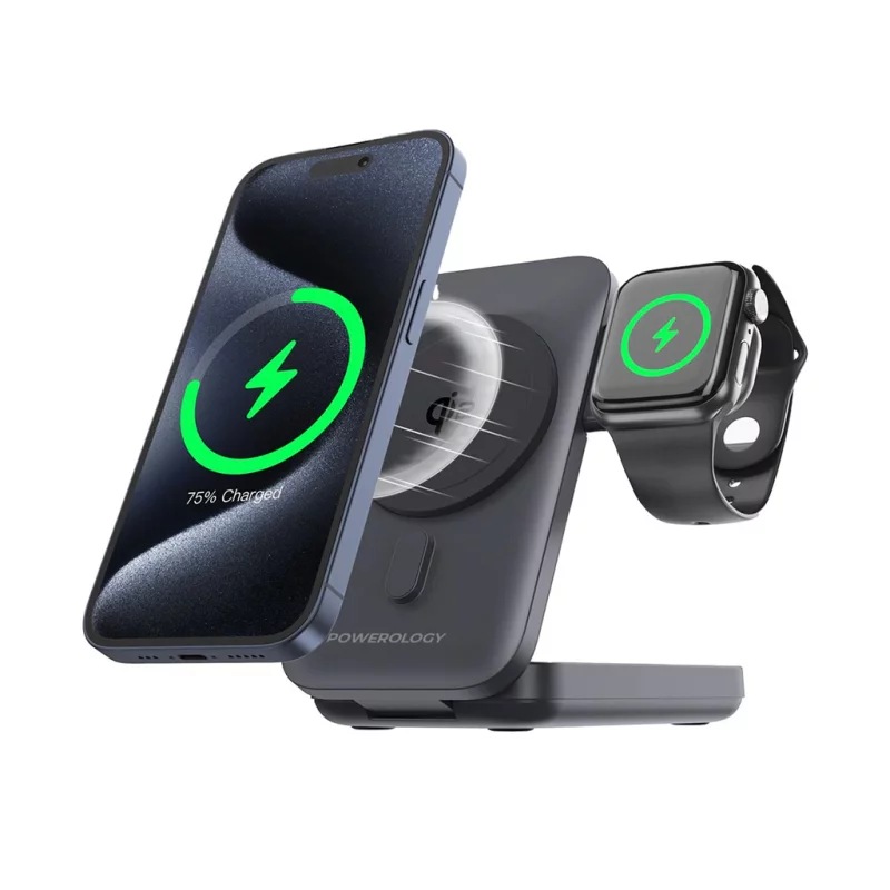 پاوربانک و پایه استند مگ سیف و شارژر اپل واچ 3 خروجی پاورولوژی Qi2 MagSafe Stand Power Bank ظرفیت 10000 میلی آمپر