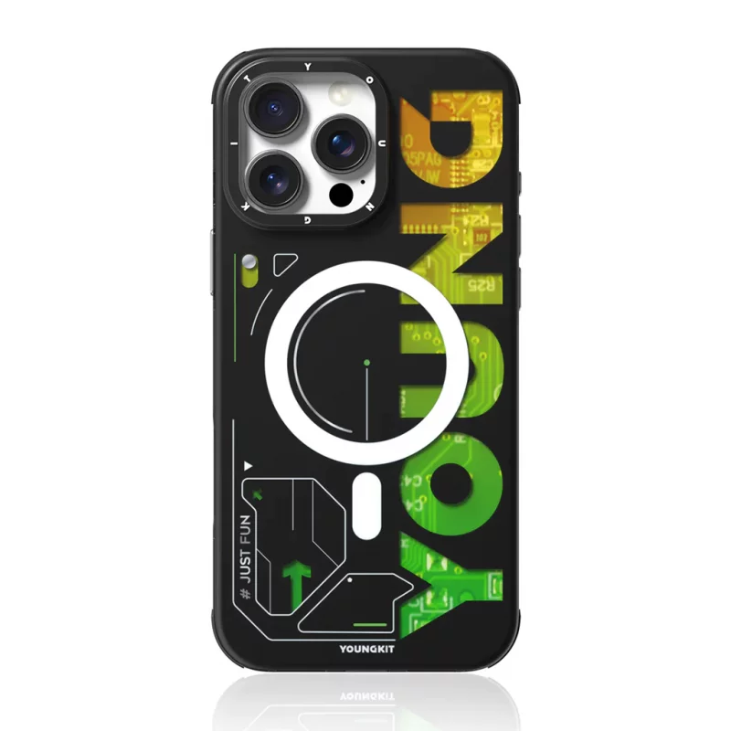 کاور مگ‌ سیف سه بعدی سبز یانگ کیت مدل Futuristic & Digital Green مناسب آیفون 16 پرومکس اپل iPhone 16 Pro Max
