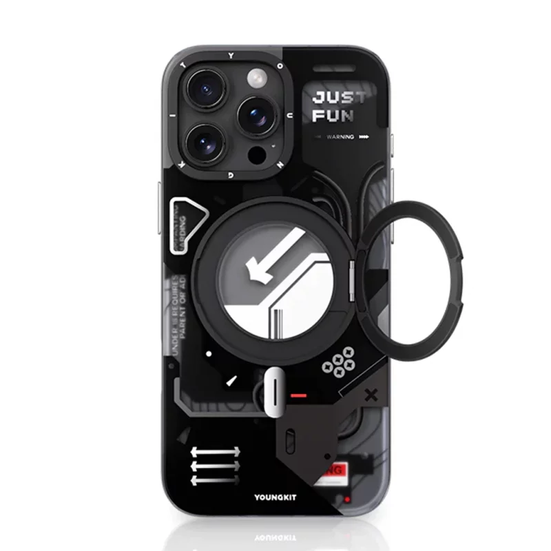 کاور مگ سیف استند (هولدر) مشکی یانگ کیت مدل CyberPunk 360° Spin MagSafe مناسب آیفون 16 پرومکس اپل iPhone 16 Pro Max