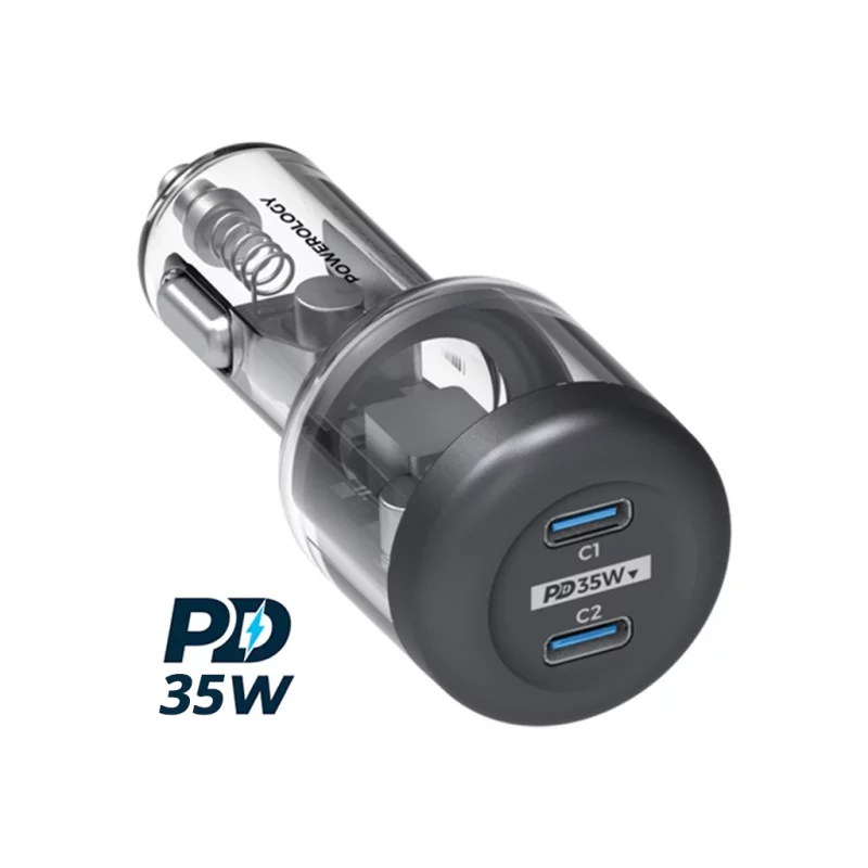 شارژر فندکی 2 پورت تایپ‌ سی 35 وات شفاف پاورولوژی مدل Powerology 35W PD CRYSTALLINE Car Charger