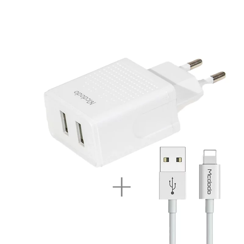شارژر 2 پورت 12 وات با کابل لایتنینگ آیفون مک دودو گارانتی متین Mcdodo CH-3970