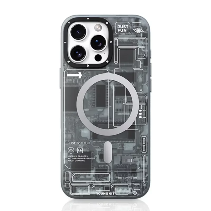 کاور مگ سیف آیفون 16 پرو مکس یانگ کیت Youngkit Futuristic Grey Circuit MagSafe iPhone 16 Pro Max