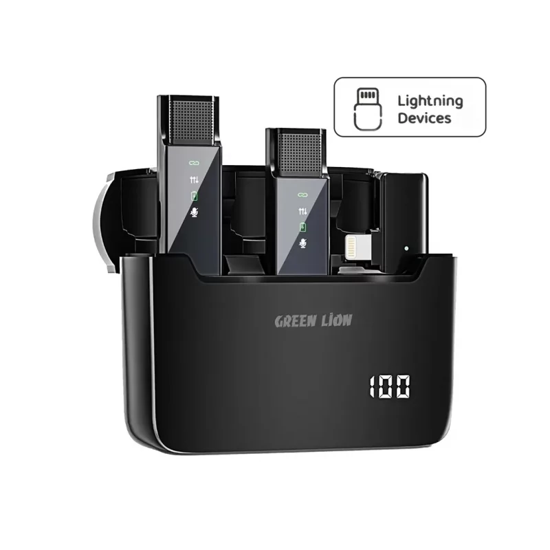 میکروفون یقه‌ای بی سیم 2 تایی لایتنینگ آیفون گرین لاین Lightning GN2IN1DDMLTBK