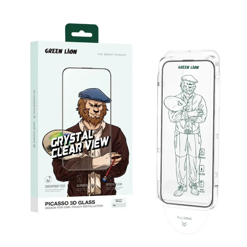 گلس آیفون 16 و آیفون 15 شفاف با کیت نصب آسان گرین لاین Green Lion Picasso 3D iPhone 16/15