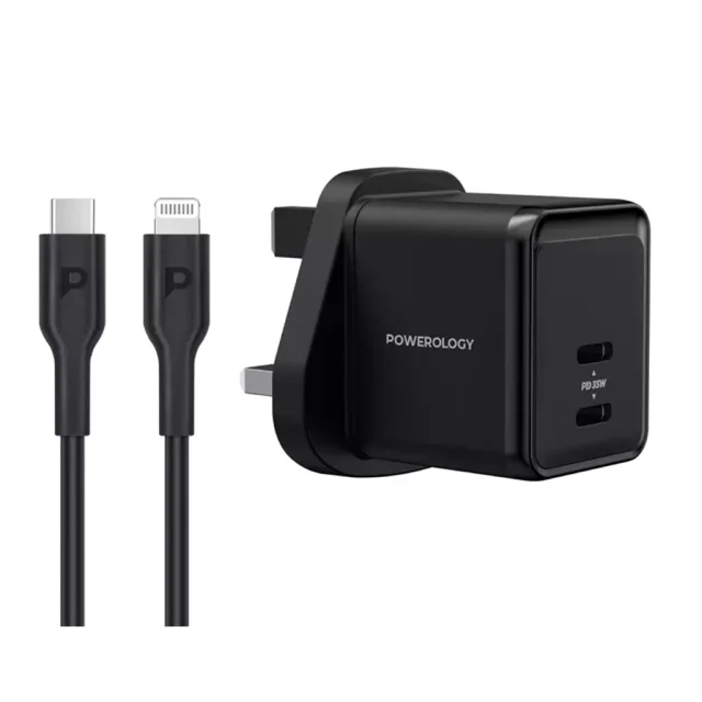 شارژر 2 پورت 35 وات پاورولوژی مدل  2Output Super-Compact USB-C PD GaN PWCUQ012 با کابل