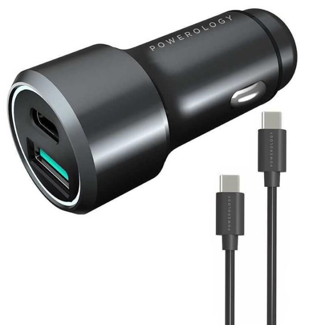 شارژر فندکی 2 پورت تایپ‌سی و یواس‌بی  38 وات پاورولوژی مدل 38W Ultra-Quick با کابل