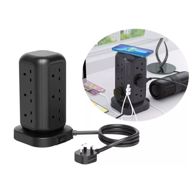 چند راهی 12 سوکت، 2 یواس بی، 2 تایپ سی و 1 شارژر بی سیم پاورولوژی Powerology 12 Socket Multi-Port Tower Hub PWCUQC013