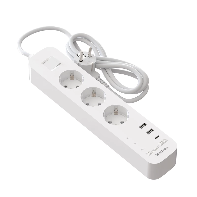 چندراهی هوشمند برق 3 خروجی برق، 1 تایپ سی و 2 یو اس بی (شارژر 30 وات) هادرون مدل Hadron P343 Power Strip + 30W USB Charger