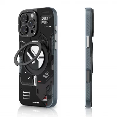 کاور مگ سیف استند (هولدر) مشکی یانگ کیت مدل CyberPunk 360° Spin MagSafe مناسب آیفون 16 پرومکس اپل iPhone 16 Pro Max