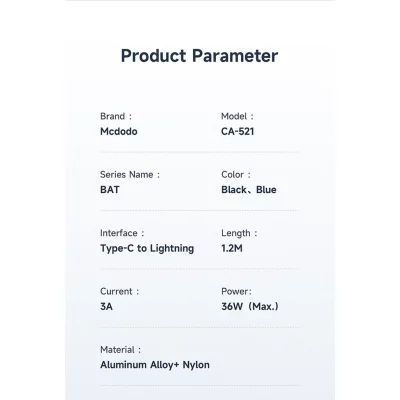 کابل تایپسی به لایتنینگ 36 وات با نمایشگر مک دودو مدل Mcdodo 36W PD CA-5210 طول 1.2 متر