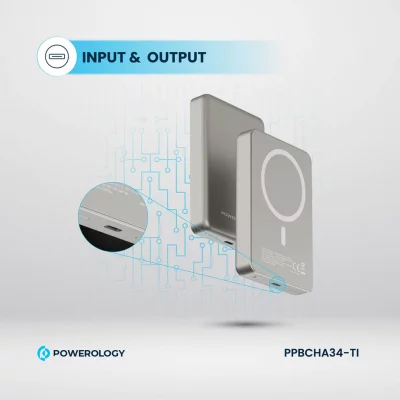 پاور بانک وایرلس مگ سیف 20 وات تایپ سی پاورولوژی مدل MagSafe Aluminum PD PPBCHA34 ظرفیت 10000 میلی آمپر