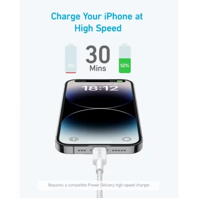 کابل روکش کنفی تایپ C به لایتنینگ 60 وات انکر مدل Anker 322 USB-C to Lightning Braided A81B6 طول 1.8 متر