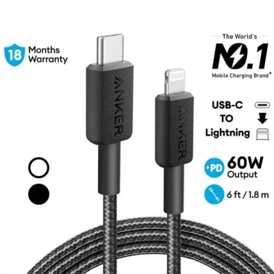 کابل روکش کنفی تایپ سی به لایتنینگ 60 وات انکر مدل Anker 322 USB-C to Lightning Braided A81B6 طول 1.8 متر