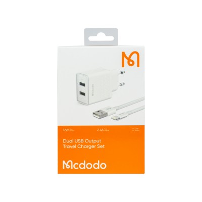 آداپتور شارژر 2 پورت 12 وات با کابل لایتنینگ مک دودو مدل Mcdodo 12W Dual USB Output Lightning Cable CH-3970