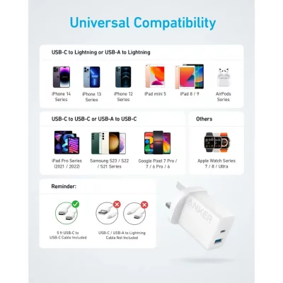 آداپتور انکر 2 خروجی 20 وات با کابل تایپ سی مدل Anker Select 2-Port USB-C B2348