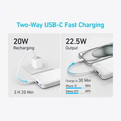 پاوربانک انکر 22.5 وات با کابل تایپ سی ظرفیت 10000 میلی آمپر ساعت Anker A1257