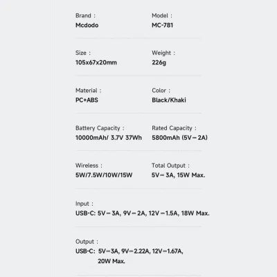 پاوربانک مگ سیف وایرلس 30 وات مک دودو ظرفیت 10000 میلی آمپر Mcdodo Qi2 MC-781