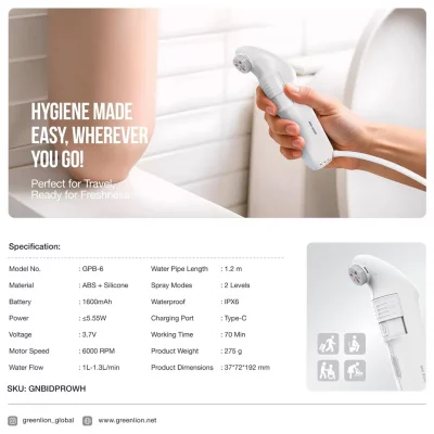 بیده و خودشور شارژی شلنگی مسافرتی گرین لاین مدل Bidet Pro