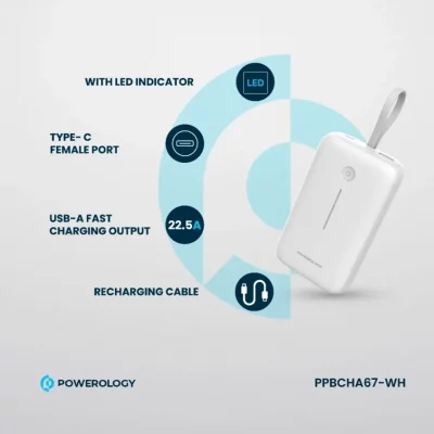 پاوربانک پاورولوژی 30 وات 20000 میلی آمپر با کابل تایپ سی مدل PPBCHA67