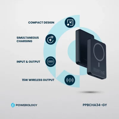 پاور بانک مگ سیف 20 وات پاورولوژی مدل MagSafe Aluminum PD PPBCHA34 ظرفیت 10000 میلی آمپر