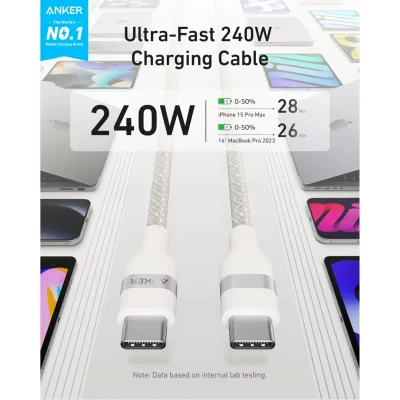 کابل شارژ تایپ سی 240 وات انکر مدل Anker USB-C A82E2 طول 1.8 متر