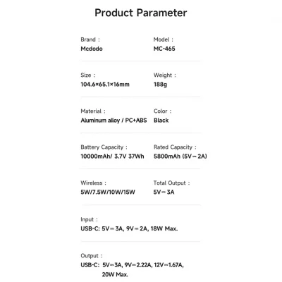 پاوربانک وایرلس مگ سیف فوق نازک مک دودو ظرفیت 10000 میلی آمپر Mcdodo MagSafe MC-465
