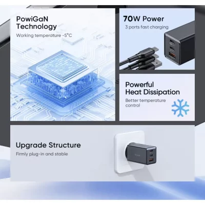 شارژر 70 وات گان سوپر فست شارژ 3 خروجی مک دودو Mcdodo 70W Gan5 mini CH-154 NEW