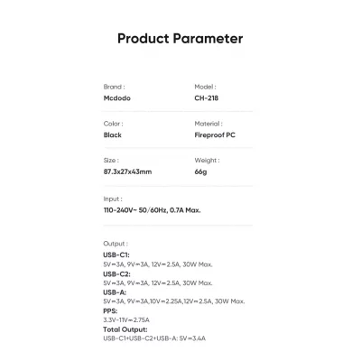 شارژر 30 وات فست شارژ 3 خروجی مک دودو Mcdodo Digital Display CH-218