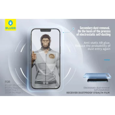 گلس محافظ صفحه شفاف آنتی استاتیک آیفون 17 و آیفون 17 پرو و 16 پرو با ابزار نصب بلوئو BLUEO Receiver Dustproof iPhone 17/17 Pro/16 Pro