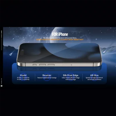 گلس محافظ صفحه شفاف کریستالی آیفون 16 پرو با ابزار نصب بلوئو BLUEO Crystal iPhone 16 Pro