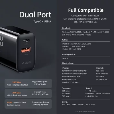 شارژر دیواری 2 خروجی 33 وات مک دودو Mcdodo 33W CH-092 با کابل تایپ سی