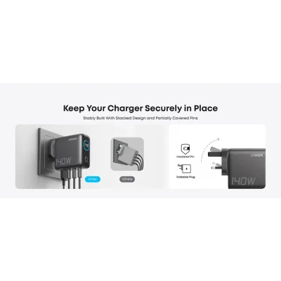 شارژر دیواری انکر 140 وات 3 پورت با کابل تایپ سی Anker 4-Port B2697