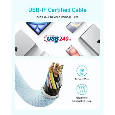 کابل شارژ تایپ C انکر 240 وات مدل Anker ZOLO USB-C A8060 طول 1 متر