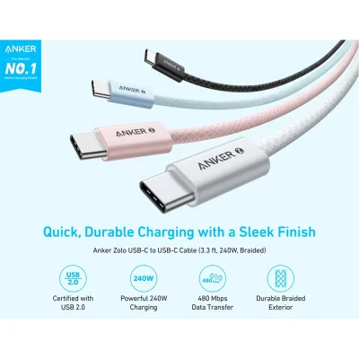 کابل شارژ تایپ C انکر 240 وات مدل Anker ZOLO USB-C A8060 طول 1 متر