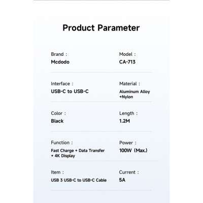 کابل شارژ تایپ سی و انتقال تصویر 100 وات مک دودو USB3 CA-7132 طول 1.2 متر