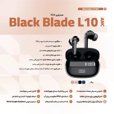 هندزفری بلوتوثی تی سی اچ مدل TCH Black Blade L10 ANC نویز کنسلینگ