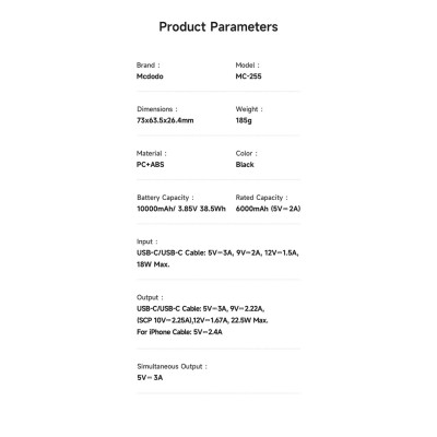 پاوربانک مک دودو با کابل تایپ سی و لایتنینگ 22.5 وات مدل FreeKit MC-255 ظرفیت 10000 میلی آمپر