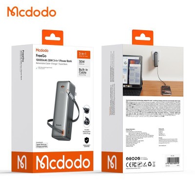 پاوربانک و آداپتور شارژر مک دودو با کابل تایپ سی 30 وات مدل MC-318 ظرفیت 10000 میلی آمپر