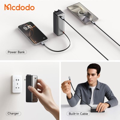 پاوربانک و آداپتور شارژر مک دودو با کابل تایپ سی 30 وات مدل MC-318 ظرفیت 10000 میلی آمپر