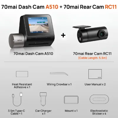 دوربین ثبت وقایع خودرو سونتی مای شیائومی مدل 70Mai A510 Dash Cam Set با دوربین عقب