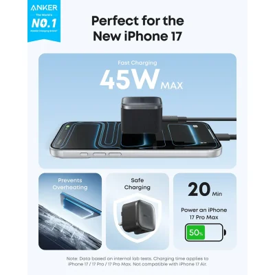 شارژر دیواری 45 وات انکر مدل Anker Nano 45W GaN A2692 سه شاخه