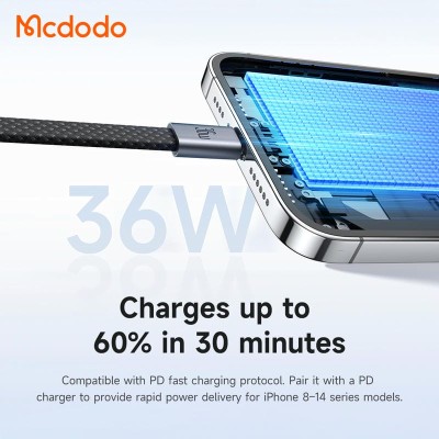 کابل تبدیل تایپ سی به لایتنینگ بدنه آهنربایی مک دودو مدل Mcdodo Lightning 36W CA-9910 طول 1 متر