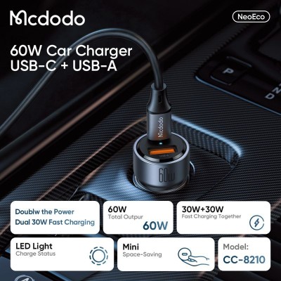 شارژر فندکی فست شارژ 60 وات 2 پورت مک دودو مدل NeoEco 60W CC-8210