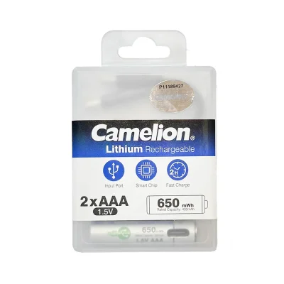 باتری شارژی نیم قلمی لیتیومی کملیون مدل UB-AAA650-PBH2 بسته 2 عددی